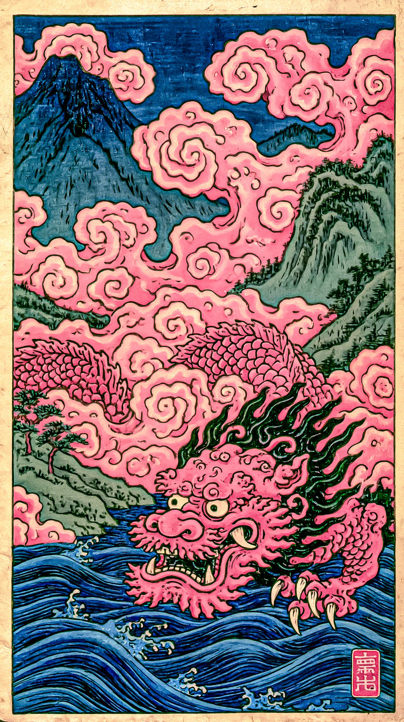 A vibrant pink Japanese dragon with sharp claws emerges from dark blue churning ocean waves.
