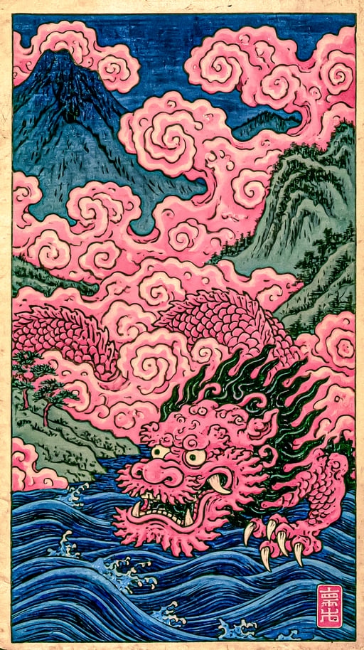 A vibrant pink Japanese dragon with sharp claws emerges from dark blue churning ocean waves.
