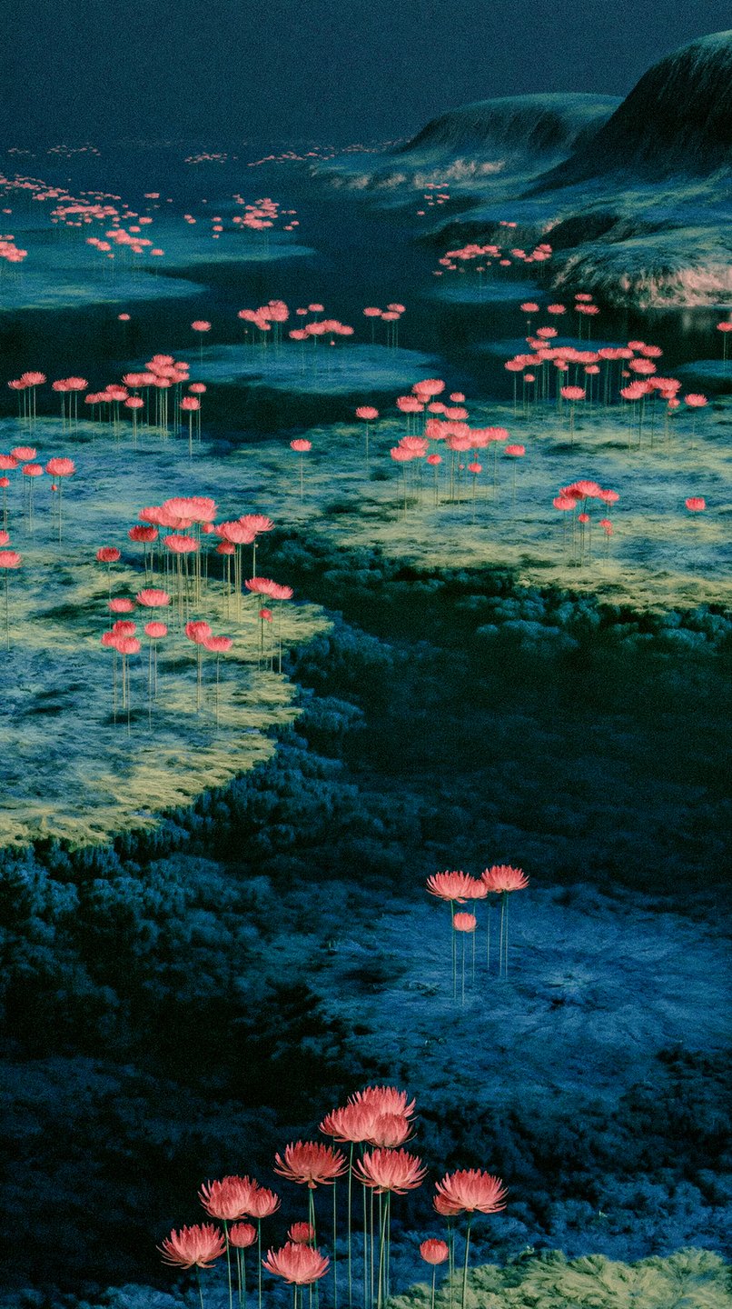 Vibrant pink flowers with long stems bloom across a dark teal underwater seabed toward distant hills.