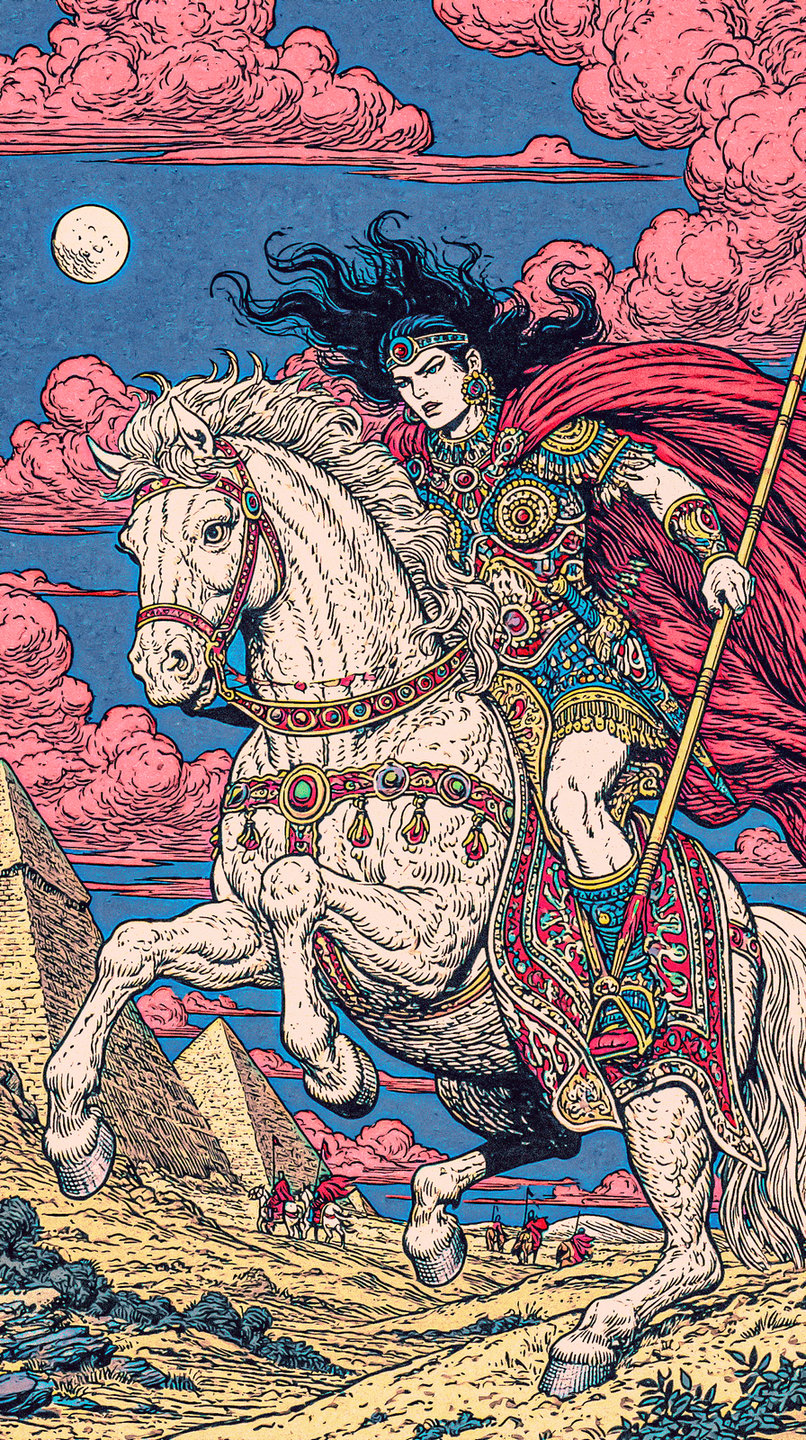 Armored woman riding a rearing white horse through a desert featuring pyramids under pink clouds.
