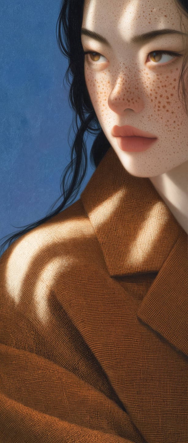 Freckled young woman with amber eyes wearing a textured rust coat, illuminated by dappled sunlight against blue.