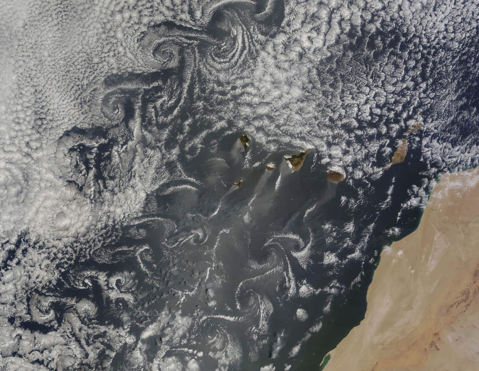 Rows of cloud eddies trailing south-west from the Canary Islands and Madeira toward the open Atlantic