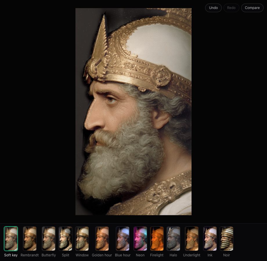A bearded man in a gold helmet in profile, lit from the upper left