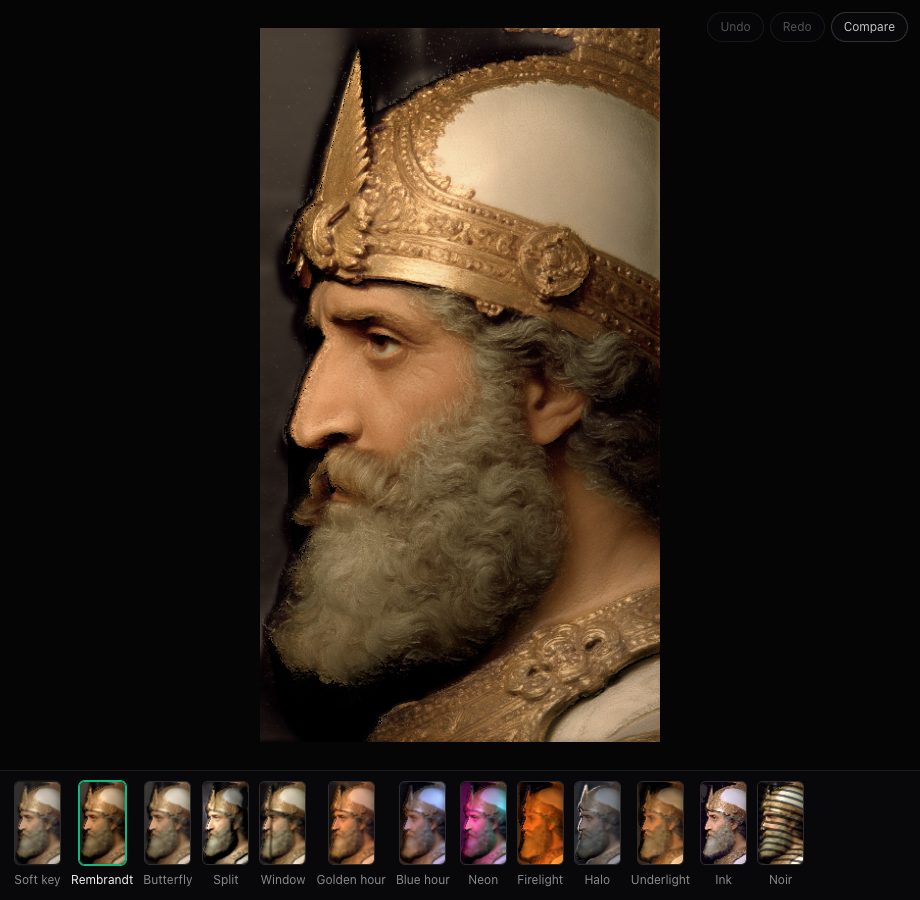 The same profile with one warm light high to the side and the far side in shadow