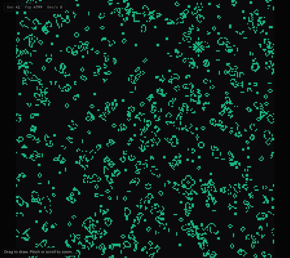 Scattered mint-green clusters, blocks and blinkers on a dark grid of the Game of Life