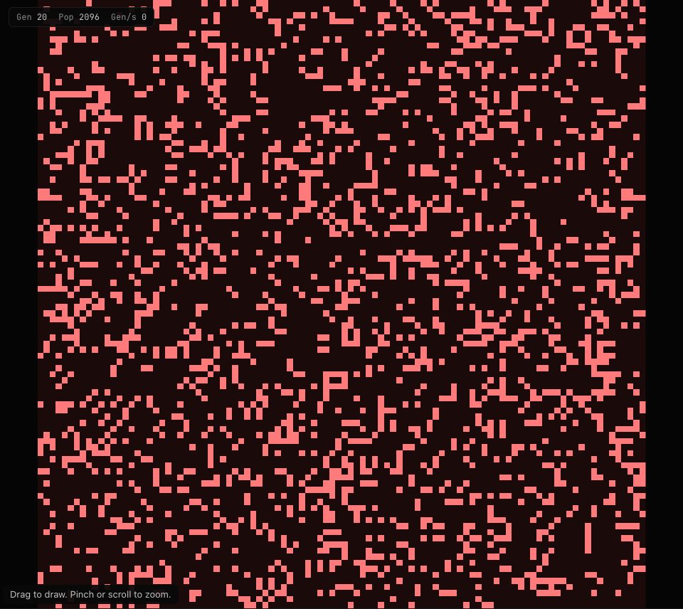 Coral-red sparks scattered like static across a dark red grid