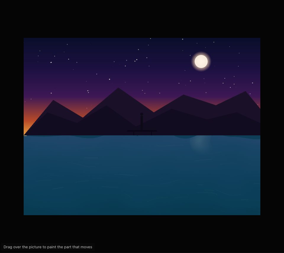 A drawn lake at dusk under an orange sky and dark hills, its water tinted blue where it is painted to move