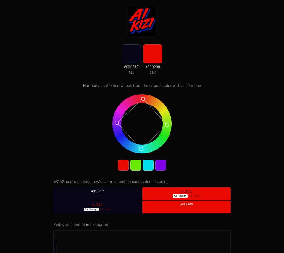 The small AIKIZI logo above two swatches, near-black and red, a hue wheel with four dots in a square, and a two by two contrast grid