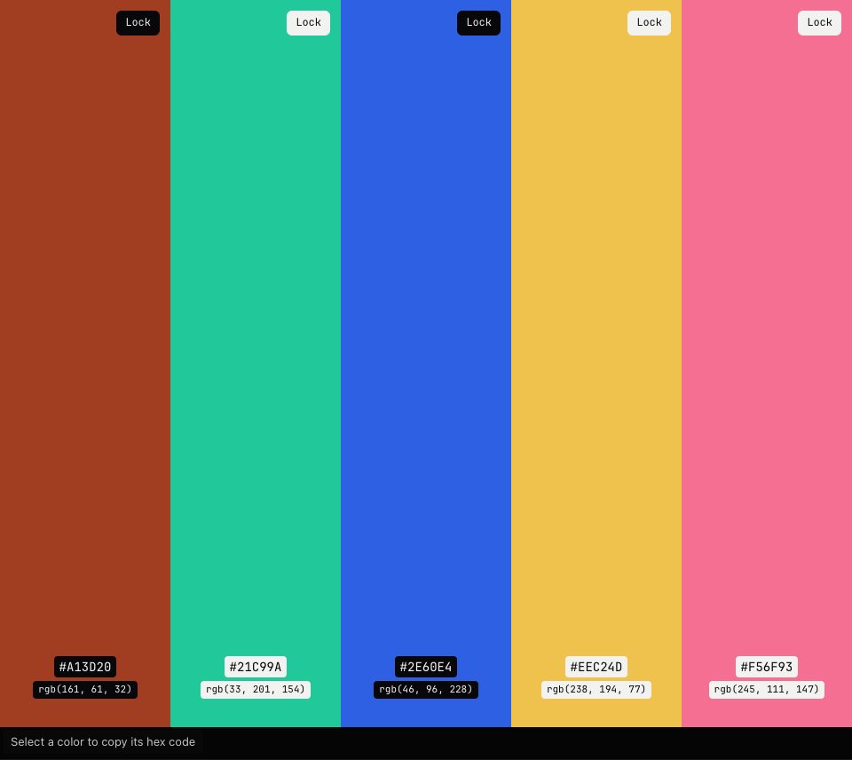 Five colour bars in brick red, green-teal, blue, warm yellow and pink, each with its hex code and RGB values