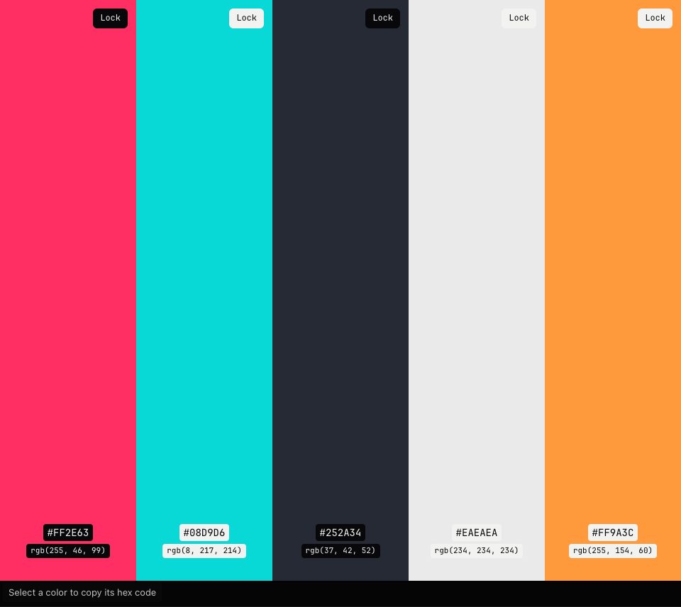 Five colour bars: hot pink, bright cyan, near-black, near-white and orange