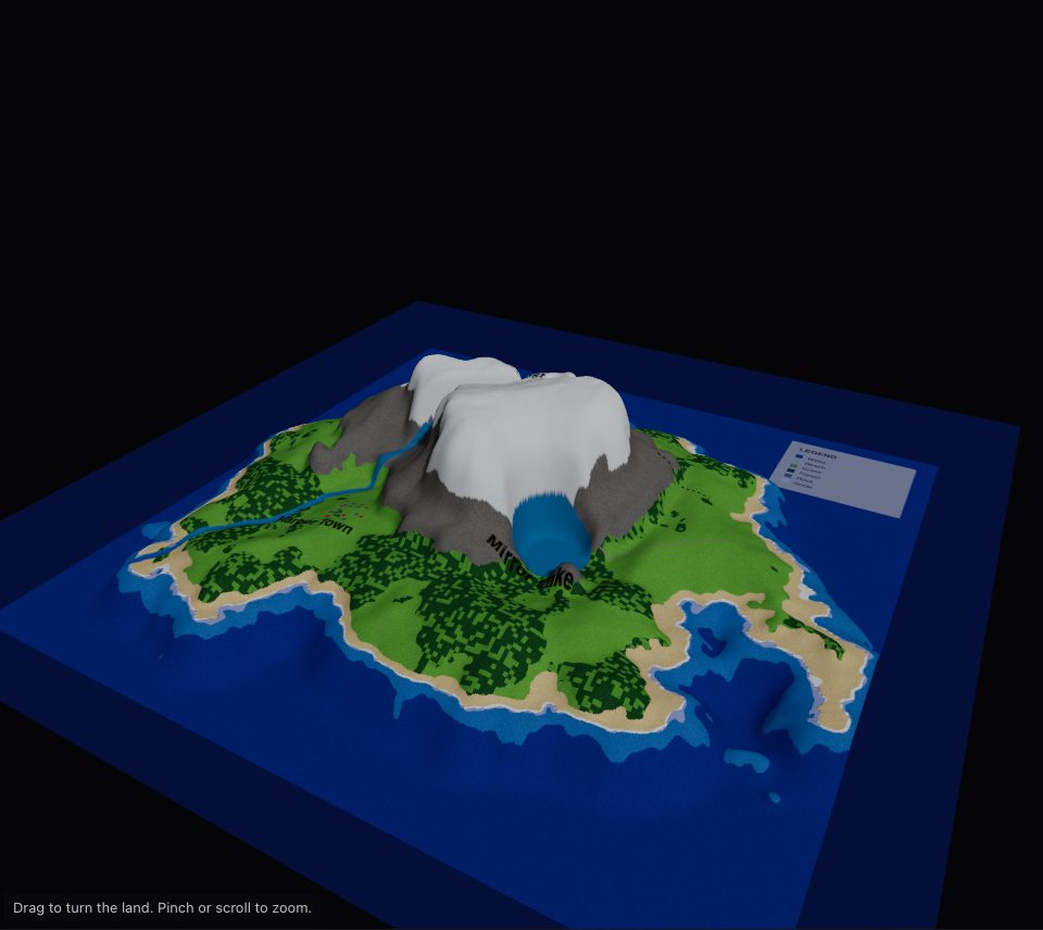 A 3D island with blue sea, sand, green grass and forest, grey mountains and white snow