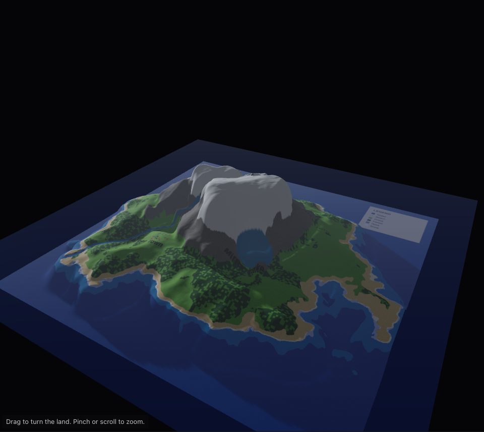 The sample island under a low sun with long shadows and thin fog