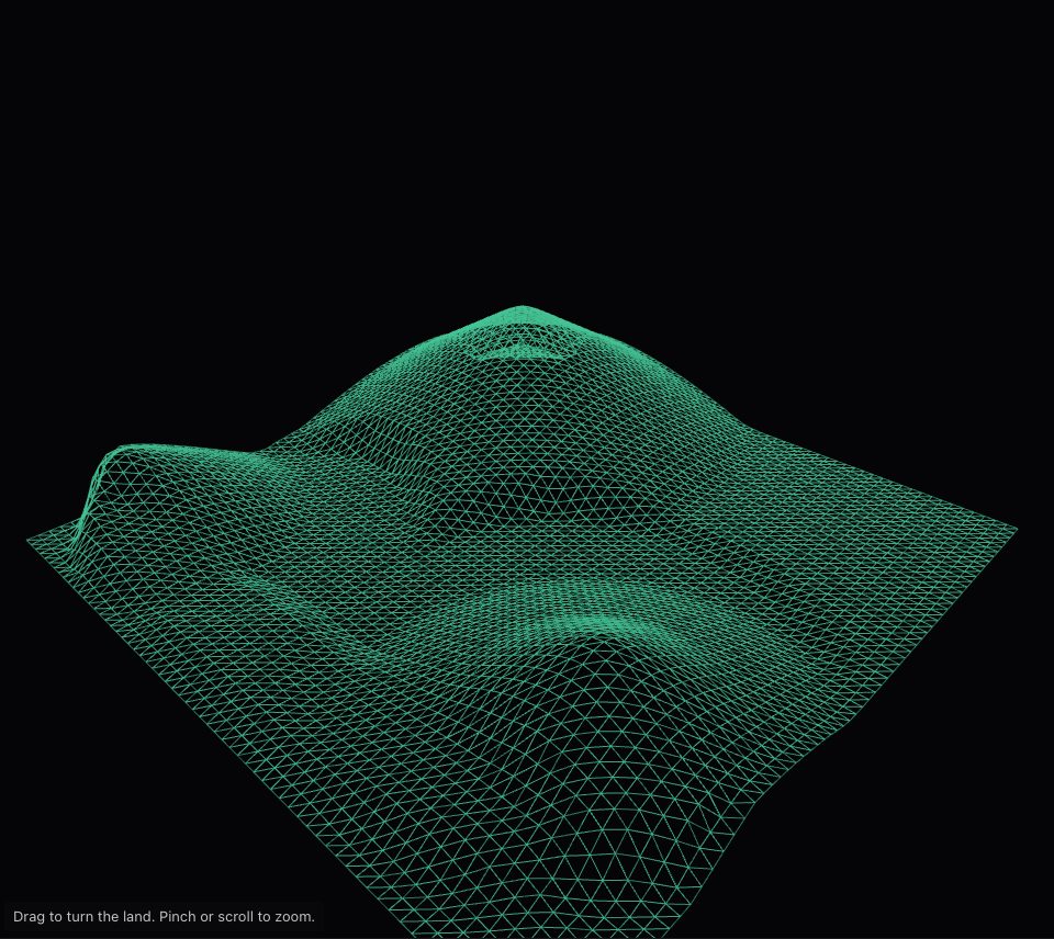 Green mesh lines rising into soft hills on a dark ground