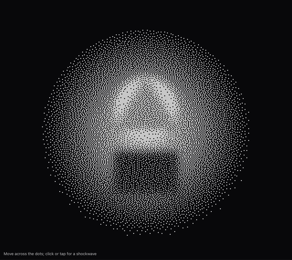 White dots on black forming a round glow, thick in the middle and thinning to single dots at the edge, with a dark box below