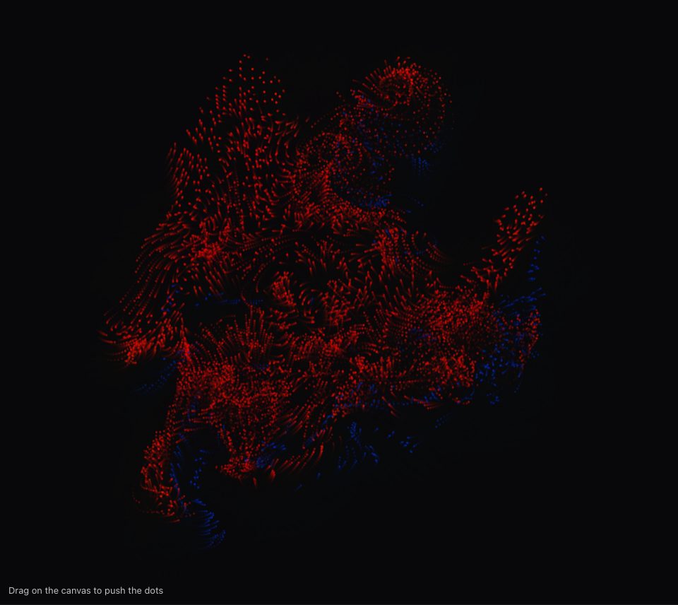 Red and blue dots swirling in streaks around the middle of a dark frame