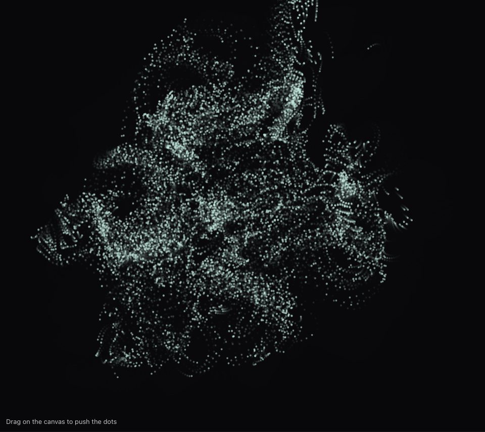 A dense cloud of pale mint-white dots with short comet trails drifting in whirls on a dark frame