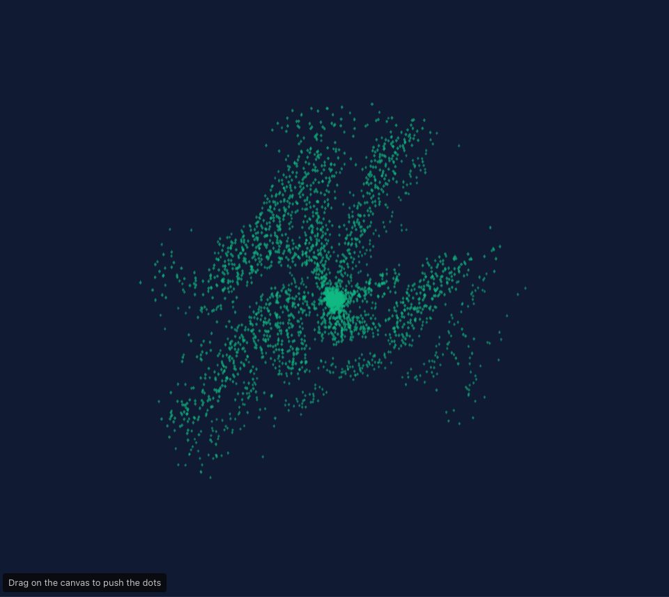 Mint diamond dots pulled into curling arms around a bright cluster on a navy frame