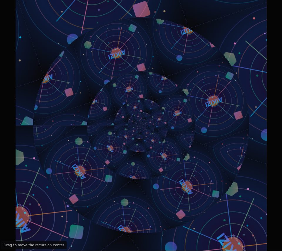A dark blue sample picture of rings, lines and small shapes, wound into a spiral of smaller copies