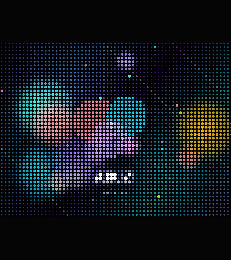 Coloured circles and the word AIKIZI redrawn as a grid of round dots in turquoise, coral, violet and amber on black