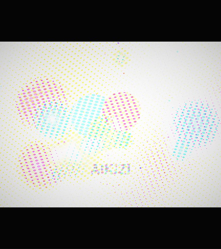 Coloured circles printed as coarse magenta, cyan and yellow dot grids on white paper