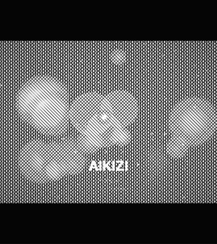 Coloured circles and the word AIKIZI drawn as black crossed pen lines on white paper