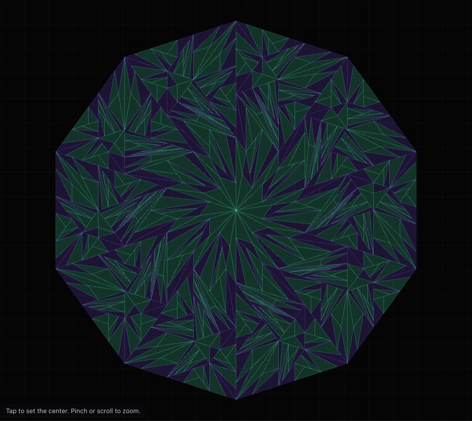 A ten-sided Penrose tiling of green and violet triangles, with star shapes spreading from its middle