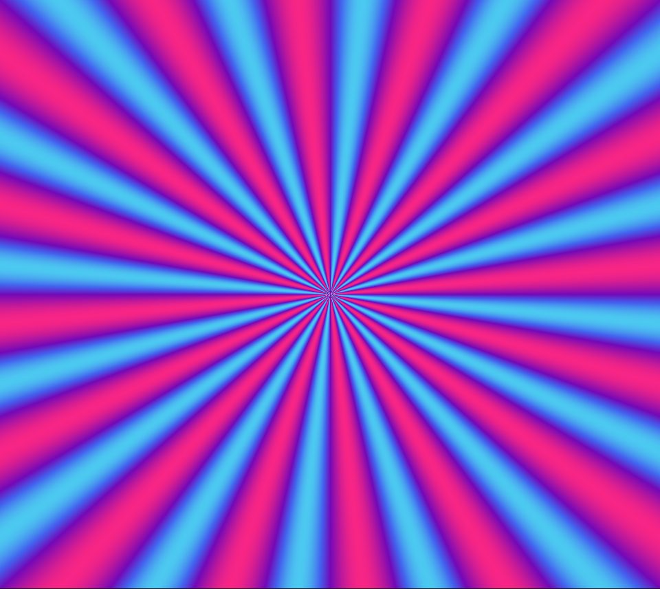 Sixteen rays of pink, violet, blue and cyan leaving the middle of the frame