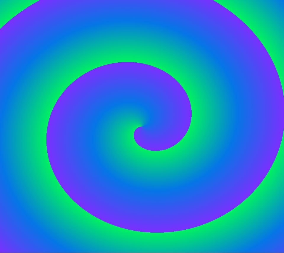 Green, blue and violet arms winding round the middle of the frame