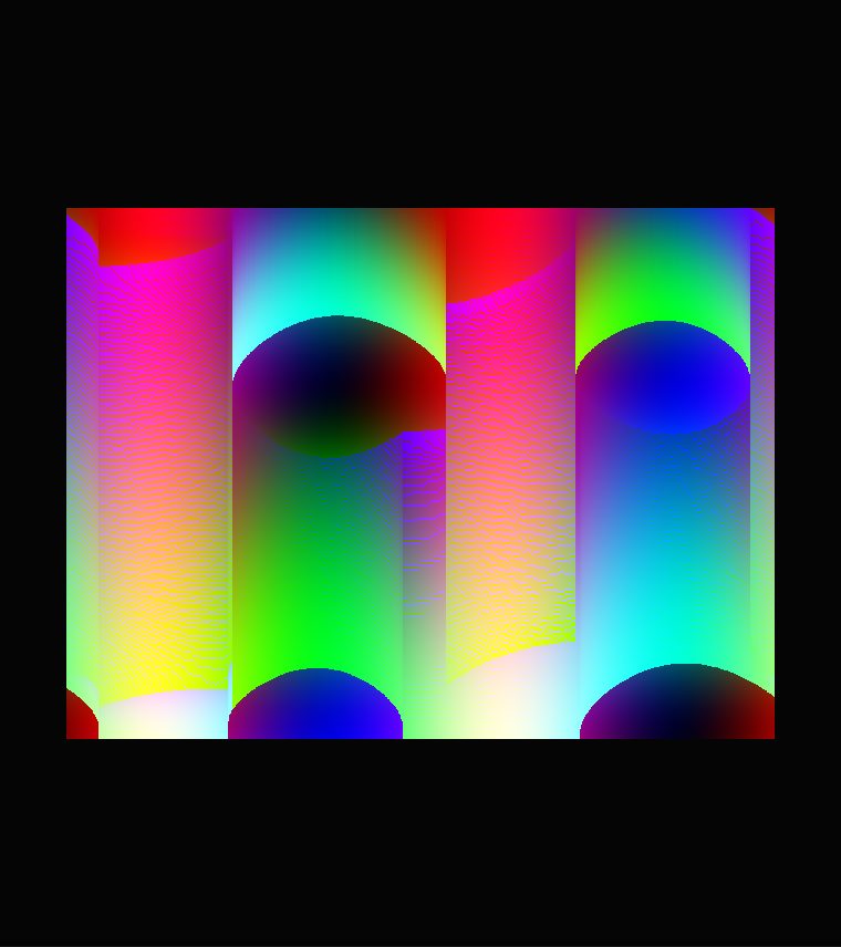 Bright waves of red, green, blue and violet smeared into tall vertical pillars with rounded dark caps