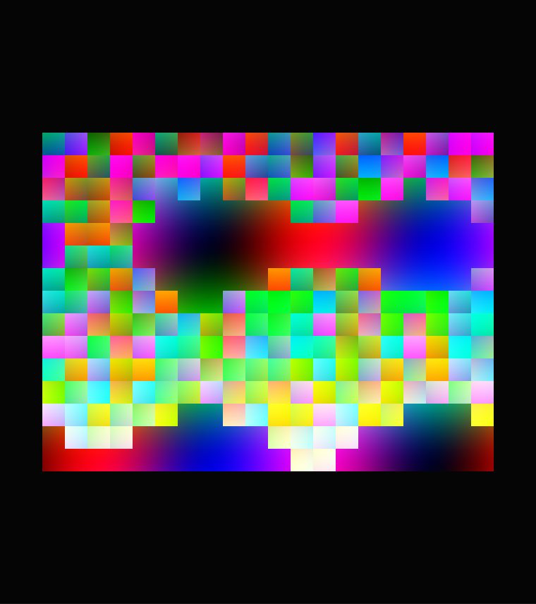Waves of colour where the bright parts are cut into a checkerboard of mixed coloured squares