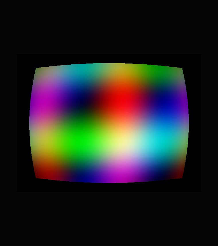 Waves of colour bowed outward like a curved screen, with black corners and dark edges
