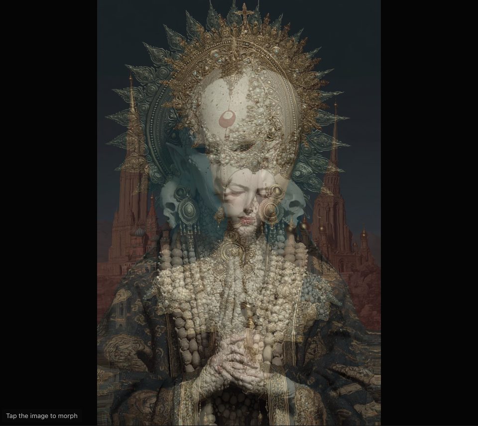 A pale, pearl-covered head and a praying figure in a patterned robe blended into one, a spiked gold halo and red spires behind