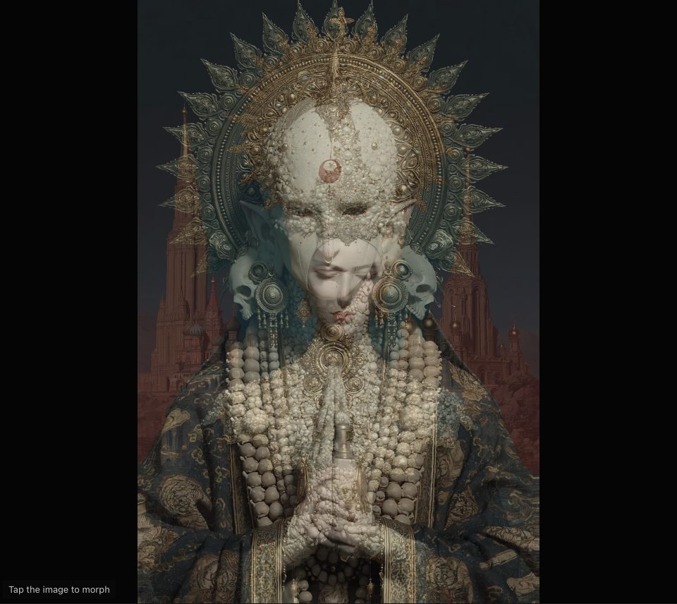Two ornate figures softly overlaid, a spiked halo, a pearl-covered face and praying hands showing through each other