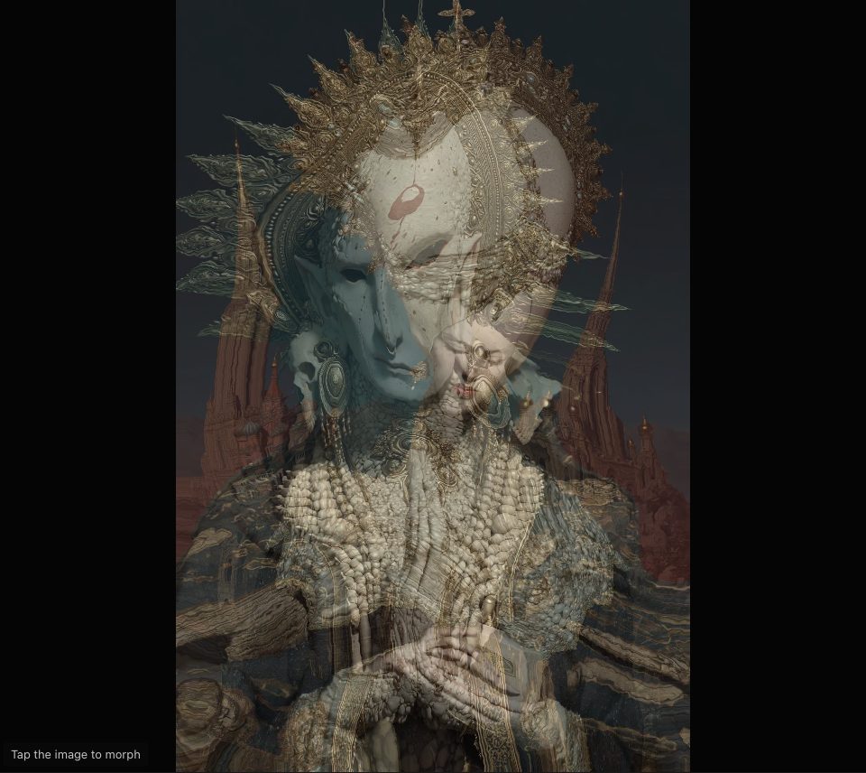 Two ornate figures pulled out of shape mid-blend, a blue face and a pale one smeared together, the halo and spires bent into streaks