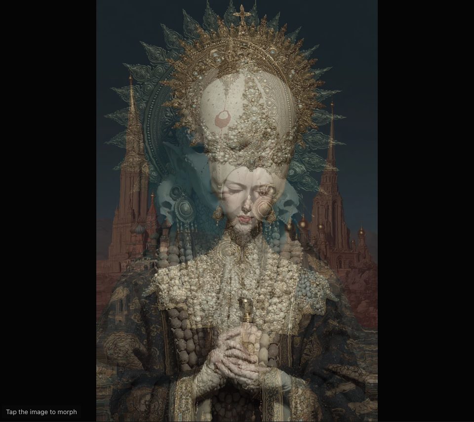 A pearl-covered head stretched tall into a gold-crowned figure with folded hands, two pictures half blended before red spires