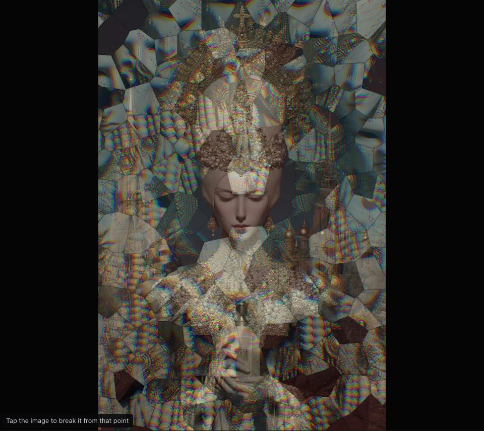 A veiled figure holding a small bottle shows through the middle of a faded mosaic of pale, pearl-covered pieces that fill the rest of the frame