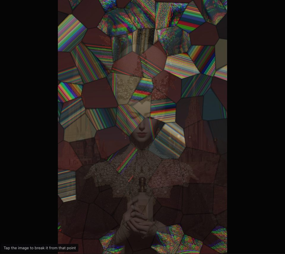 Large, dark-edged pieces streaked with rainbow lines fade over a veiled figure holding a bottle before tall spires