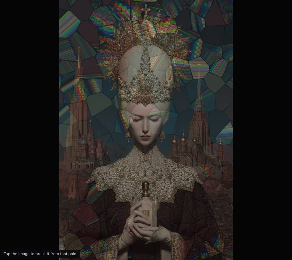 Faint pieces with dark cracks and rainbow streaks fading over a veiled figure before tall spires