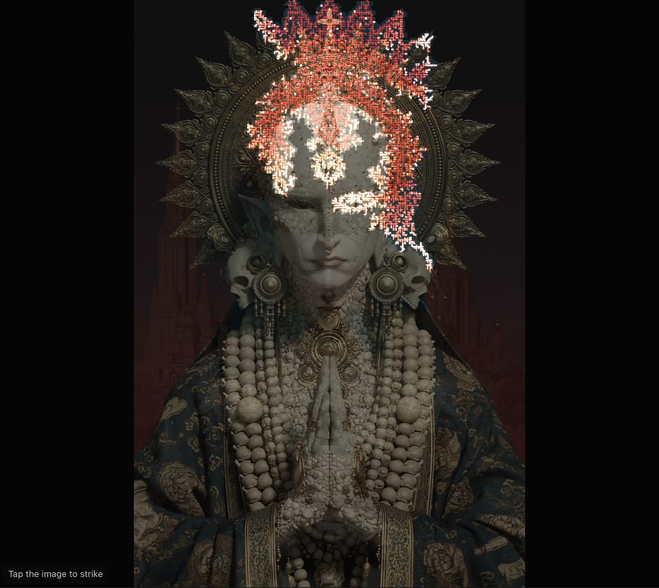 Red branching lightning over the crown and brow of a pale, gold-haloed figure, with a second picture showing through in torn patches along the branches