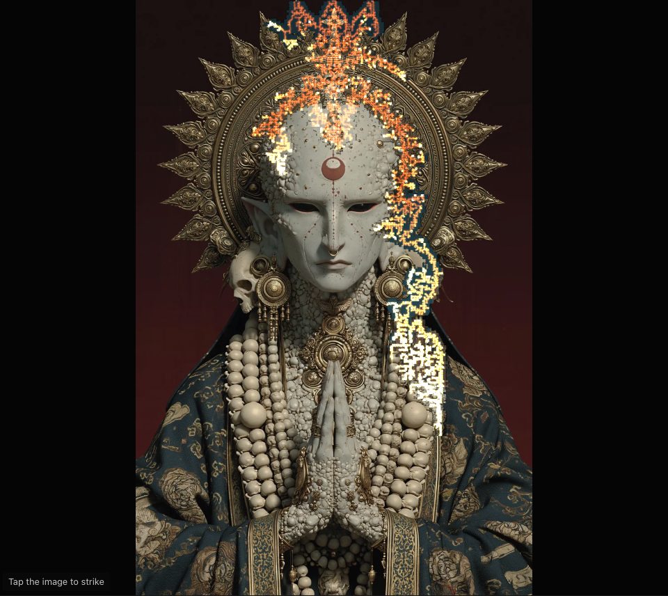 Gold and white branches running from the crown down one side of a gold-haloed figure, opening a narrow band of a second picture along them