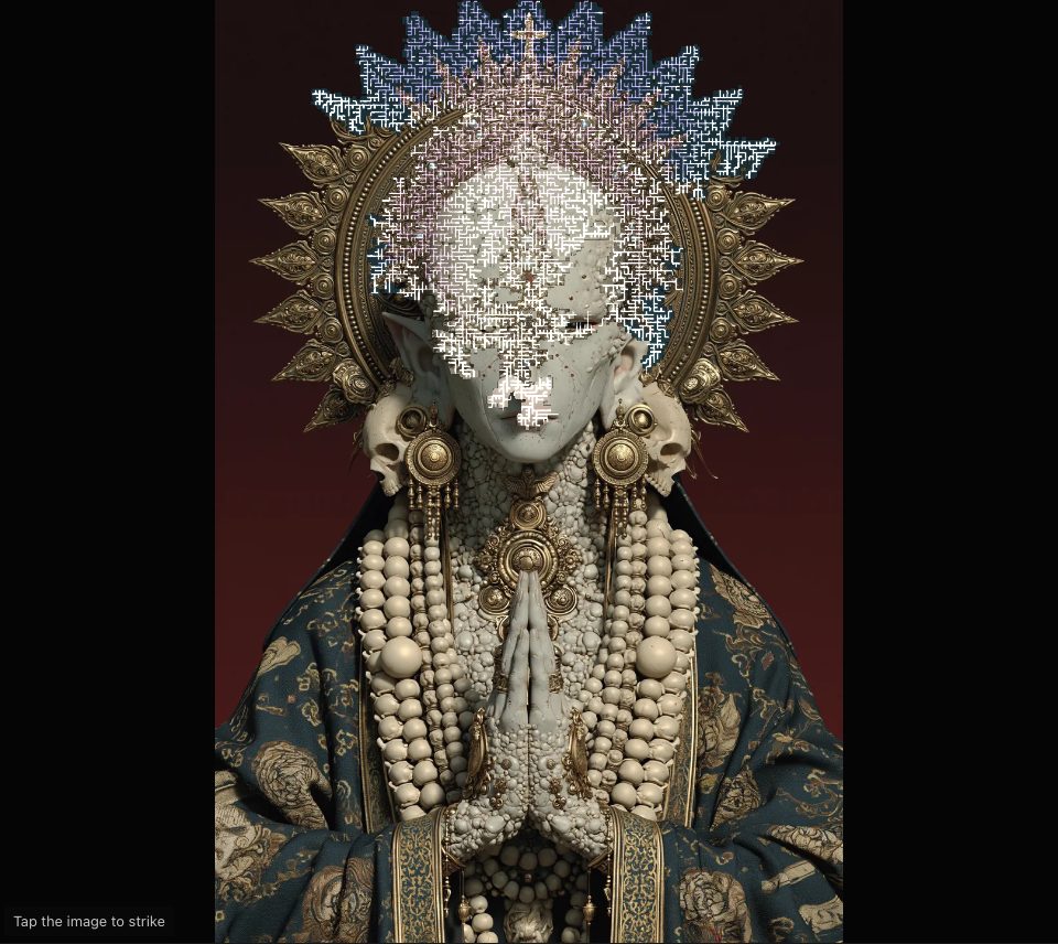A fine, square-stepped web of white lines over the crown and face of a gold-haloed figure, with a second picture showing through along it