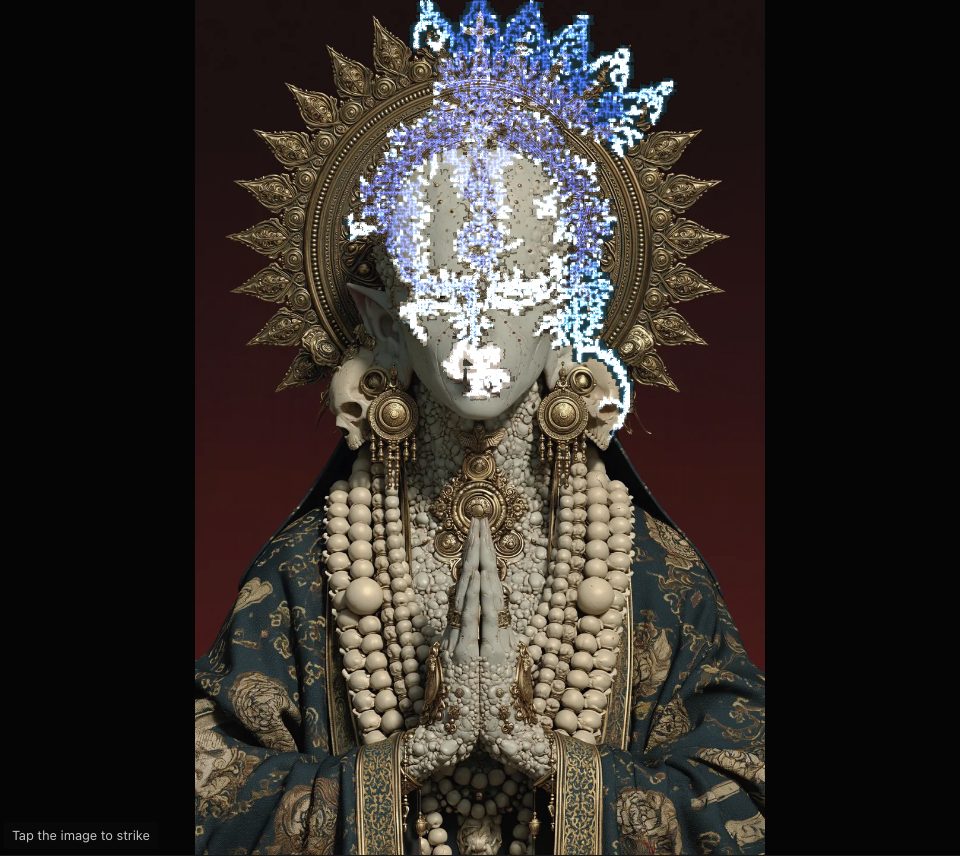 Jagged blue-white lightning over the crown and face of a gold-haloed figure, with a second figure's pale face showing through along the forks