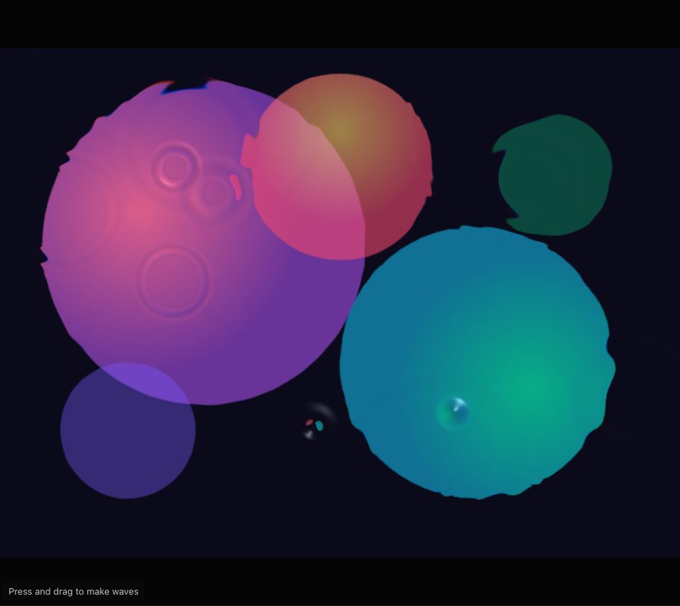 Soft pink, violet, teal and gold circles on a dark ground, rippled by rain drops