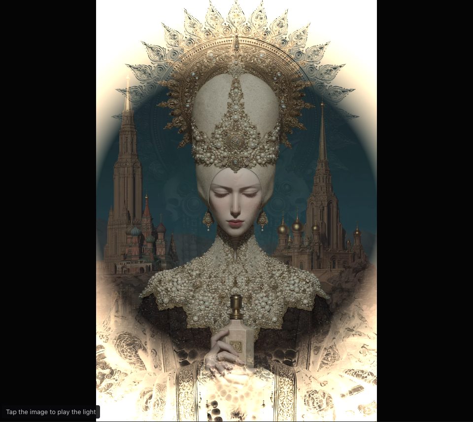 A pale figure before tall spires fills a round window in the middle, with warm white light and traces of a gold-haloed figure towards the edges
