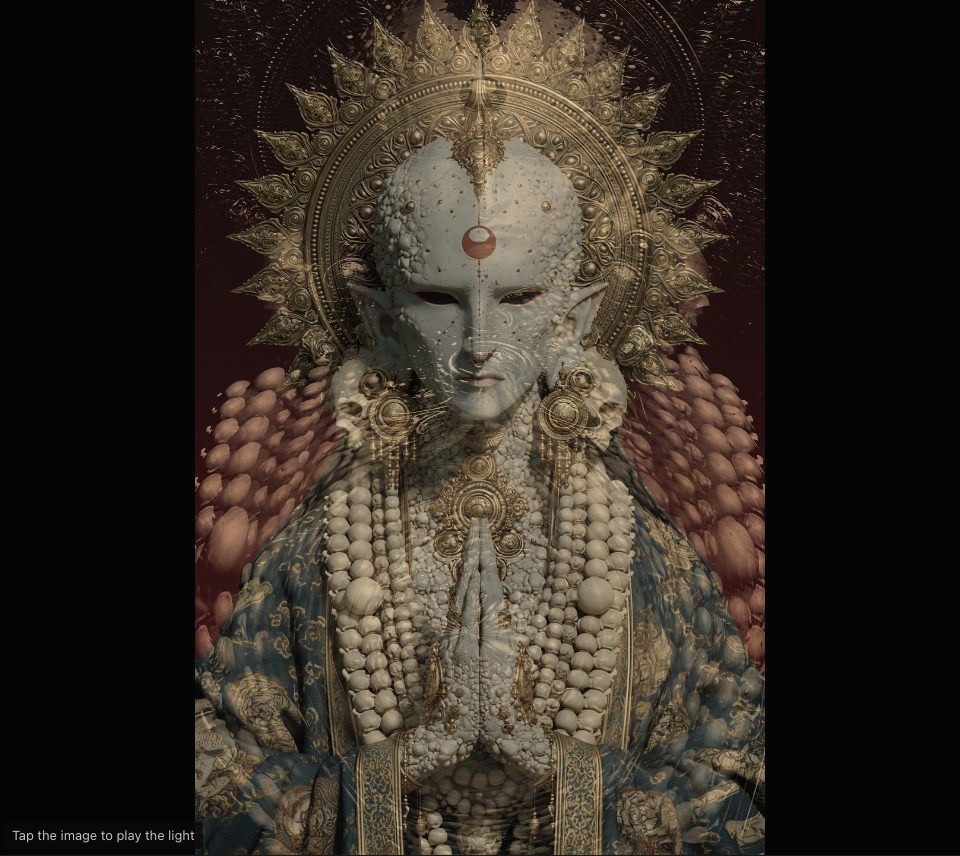 A gold-haloed figure in pearls with pinkish ghost copies of its pearls spreading out in streaks on both sides