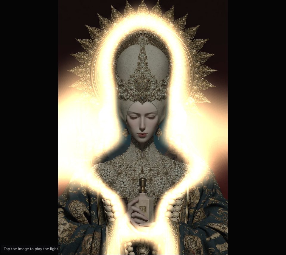 A pale figure before tall spires showing through the middle of a gold-haloed figure, outlined by a thick band of warm light