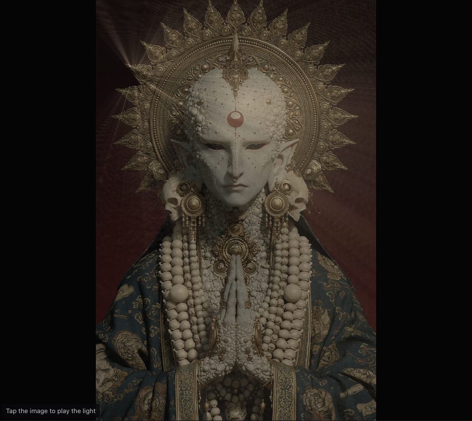 A darkened, gold-haloed figure in pearls with faint beams of light falling from the upper left