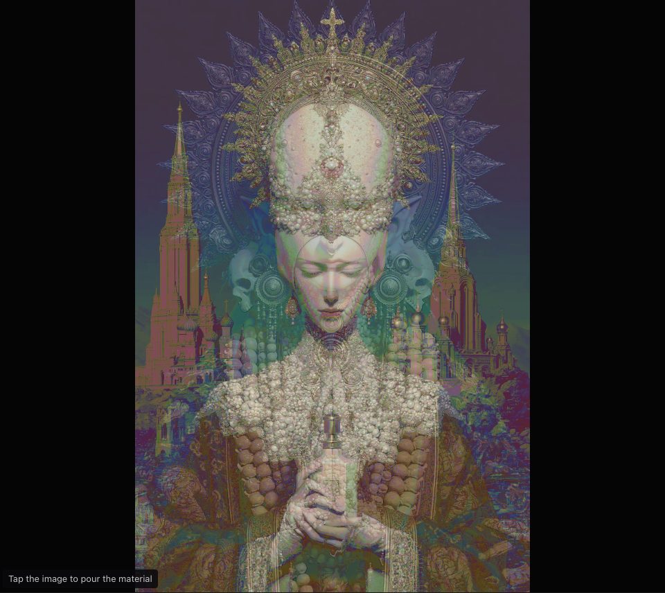 A pearl-crowned figure before spires, washed with a pearly film of pink, green and violet