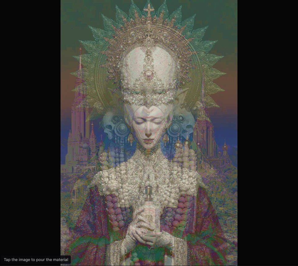 A pearl-crowned figure before spires under a strong film of green, teal and violet, like heated metal
