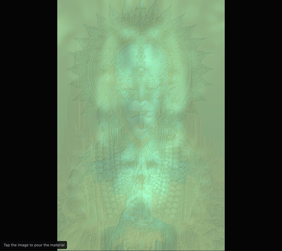 Two figures blended in pale green stone, glowing softly from within